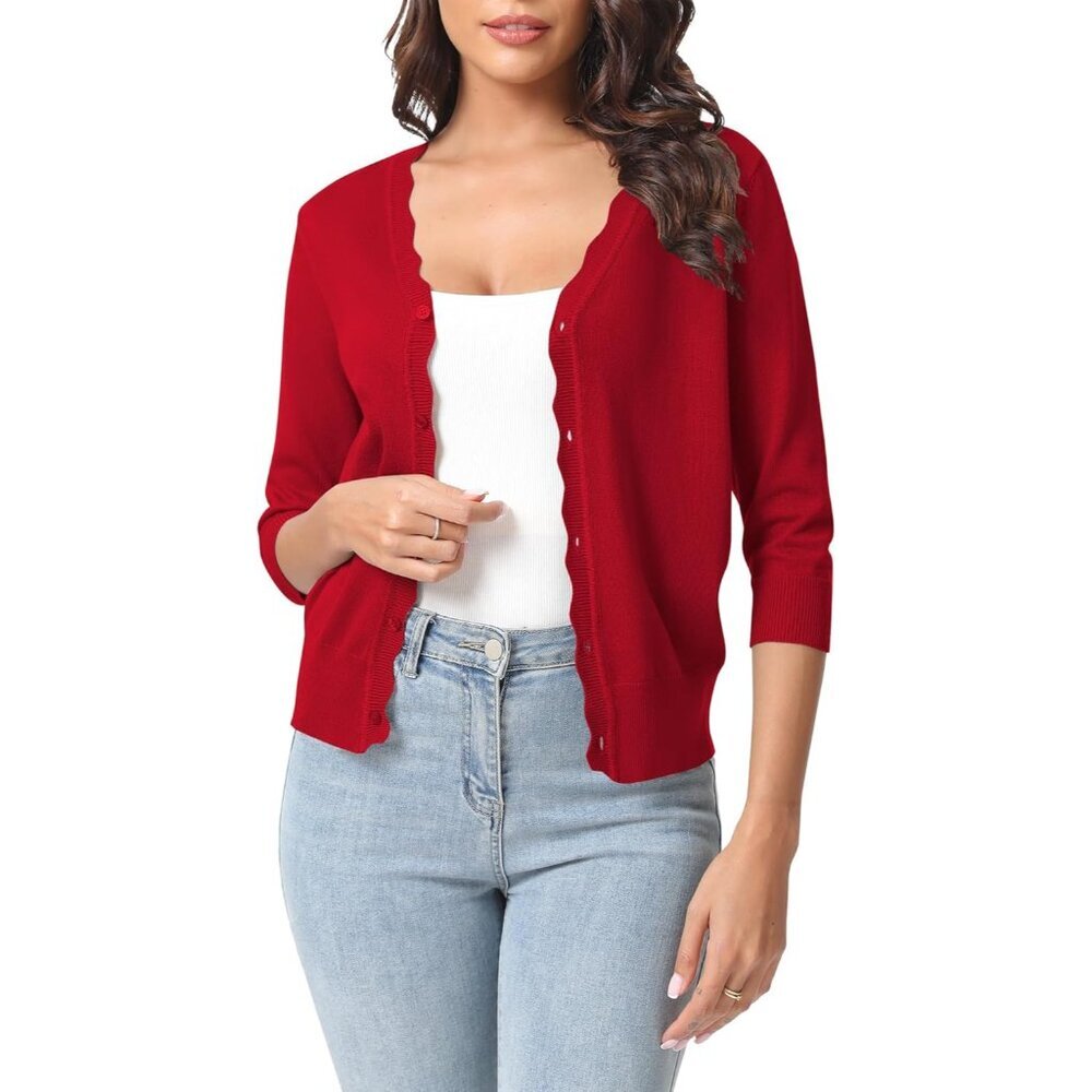 Women's Cropped Knit Cardigan 3/4 Sleeve V-Neck Open Front Lightweight